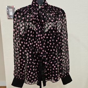 DVF Sz 4- Beautiful Sheer Black and Pink Polka Dot Pussybow Blouse